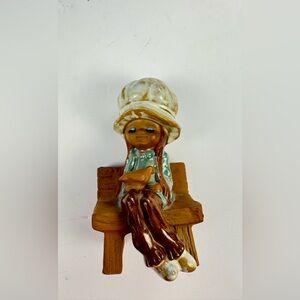 Vintage Hankyu Japan Charming Ceramic Big Hat Girl w/ Bird on bench figurine